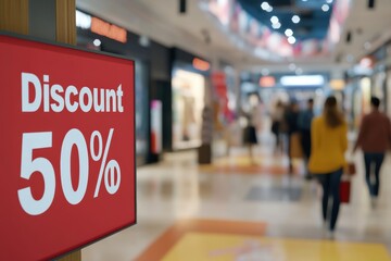 3D Render of "50% Discount" on a Shopping Mall Display Board with Bold Text and Blurred Shoppers in the Background