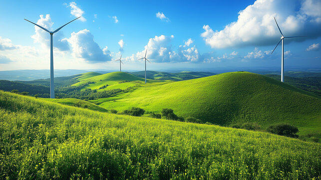 Green rolling hills with white wind turbines against a blue sky