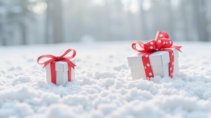 Two charming white gift boxes adorned with red ribbons rest gracefully on snowy ground, their bows catching the light in a cozy winter scene. The left box, slightly smaller, offers a touch of asymmetr