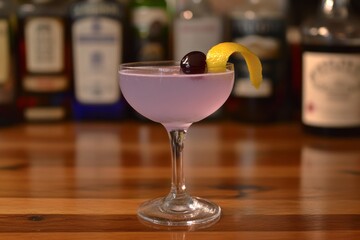 Gin cocktail.Maraschino liqueur.Aviation cocktail.Classic aviation.A classic Aviation cocktail in a coupe glass, with its pale purple hue glowing under soft bar lighting