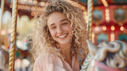 Fototapeta premium A vibrant young girl with curly hair beams with joy while riding a carousel, surrounded by a festive atmosphere of lights and colors