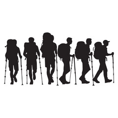 Set of silhouette of Hiking man. hikers with rucksacks and backpack silhouette.