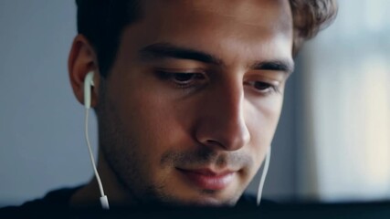 Young Caucasian man with headphones in front of laptop at home. Online education. A focused young man navigates his online course, eager to learn from home.