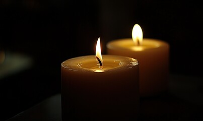 Two lit candles glowing in dark room, creating peaceful atmosphere, ideal for relaxation or memorial