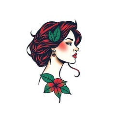 Redhead woman profile with flowers.