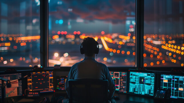 A focused air traffic controller monitors screens in a control tower, overseeing a bustling airport at night with vibrant city lights in the background