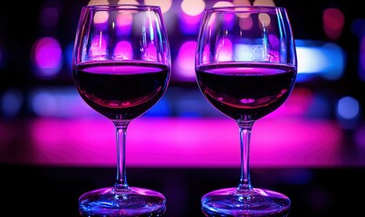 Two wine glasses on bar counter with colorful bokeh background, romantic date night