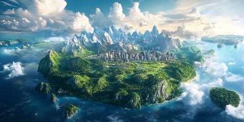 Fototapeta premium Fantastical Floating Island City in a Dreamlike Tropical Landscape