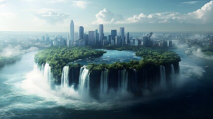 Floating Eco-City with Cascading Waterfalls in the Sky