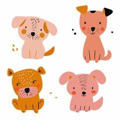 set of Charming dog illustrations with a variety of expressions, showcasing their playful nature in a colorful and whimsical style, ideal for childrens decor