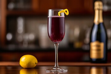 A classic Kir Royale served in a champagne flute, with deep purple cassis liqueur and bubbly champagne.Sparkling wine cocktail.Kir royale.Classic kir royale.Champagne cocktail.