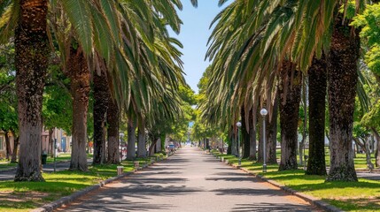 Sunny palm tree avenue, coastal road, summer, vacation