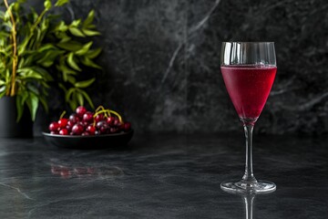 Sparkling wine cocktail.Kir royale.Classic kir royale.Champagne cocktail.A minimalist Kir Royale on a sleek, dark countertop, with the cocktails vibrant purple hue