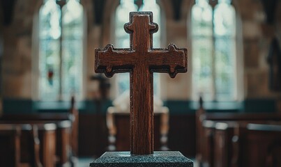Wooden cross in church with stained glass windows in background
