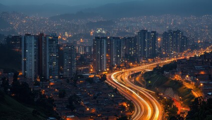 Fototapeta premium Medellin Cityscape at Night: A Breathtaking View of Urban Lights and Highways