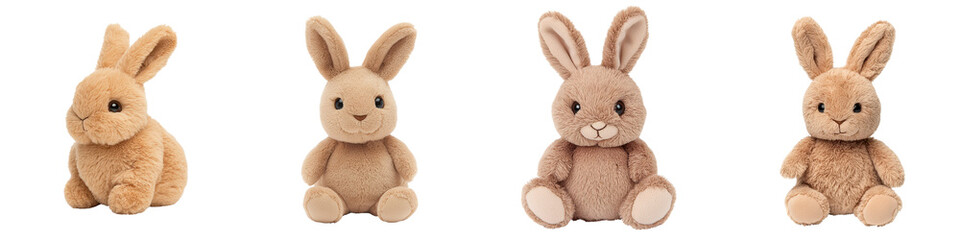 Cute and fluffy plush bunny toys in a variety of sitting poses on a plain white background  These soft stuffed animal figures make for charming natural looking or gifts for children holidays