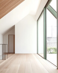 Fototapeta premium Modern interior design featuring spacious room with large windows and wooden accents