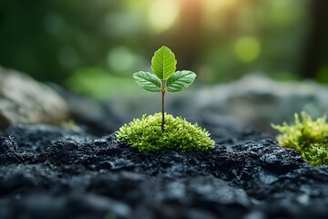 Tiny Green Sprout Emerging from Moss-Covered Soil in Nature's Renewal