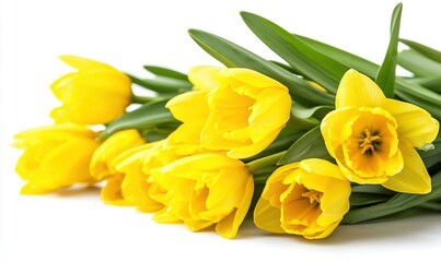 Obraz premium Yellow tulips and daffodils bouquet on white background for spring celebrations