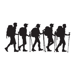 Set of silhouette of Hiking man. hikers with rucksacks and backpack silhouette.
