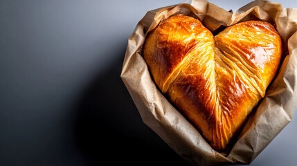 Golden heart-shaped pastry baked to perfection soft light enhances warm tones. AI Generated