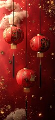Red Lanterns Hanging with Festive Glitter Background