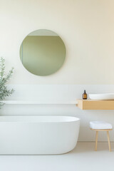 Elegant minimalist bathroom with round mirror and greenery