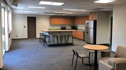Fototapeta premium An empty breakroom in an office, featuring a kitchenette, barstools, and a cozy seating area with natural tones.