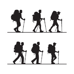 Naklejka premium Set of silhouette of Hiking man. hikers with rucksacks and backpack silhouette.