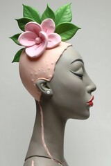 Stylized female mannequin head with floral headdress.