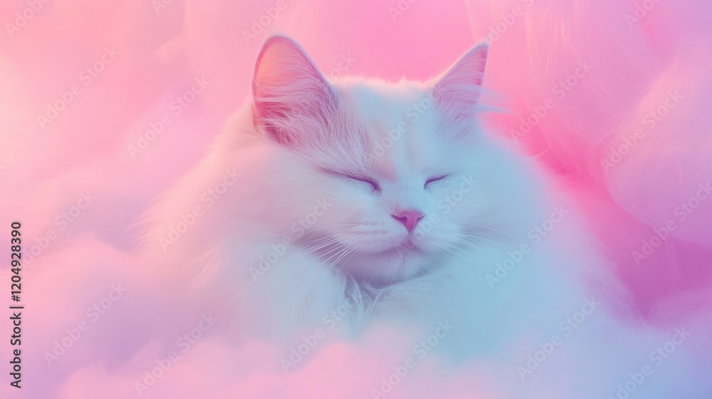 Wall mural a cute cat with fluffy white fur rests in a tranquil environment filled with soft abstract clouds an