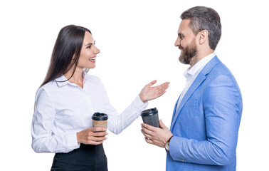 businessman and businesswoman with coffee. colleagues having a coffee break in office. businesspeople. business coffee meeting. business colleague at coffee break isolated on white. team building