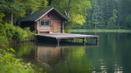 Obraz premium A serene lakeside cabin with a wooden pier, Lakeside scene, Peaceful style