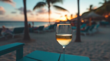 Obraz premium Wine glasses sit elegantly on a table as the sun sets over the beach, inviting relaxation and enjoyment in a tranquil setting