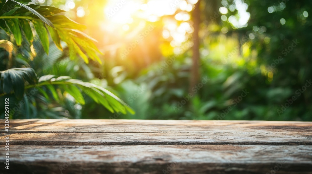 Wall mural A rustic wooden table sits in a lush tropical environment, illuminated by warm sunlight filtering through green leaves