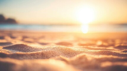 Warm sunlight illuminates a tranquil beach with soft golden sand and calming ocean waves lapping the shore, creating a serene atmosphere