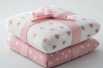 hearts pattern wrapping paper pink gift boxes tied with pink ribbon. on a white background