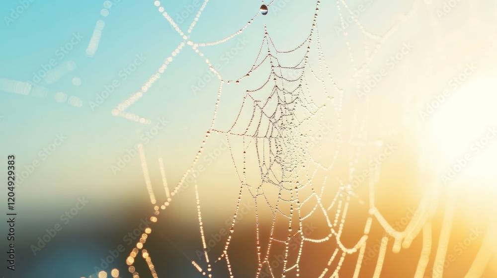 Canvas Prints Delicate strands of a spider web catch dew drops, sparkling beautifully in the gentle glow of early morning sunshine