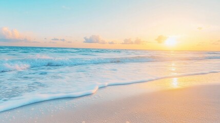 Golden sun setting over a tranquil beach, with soft sand and gentle waves lapping at the shore, creating a peaceful atmosphere
