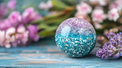 Obraz premium Tarot cards are arranged on a wooden table with a crystal ball and fresh flowers, creating a mystical atmosphere for divination