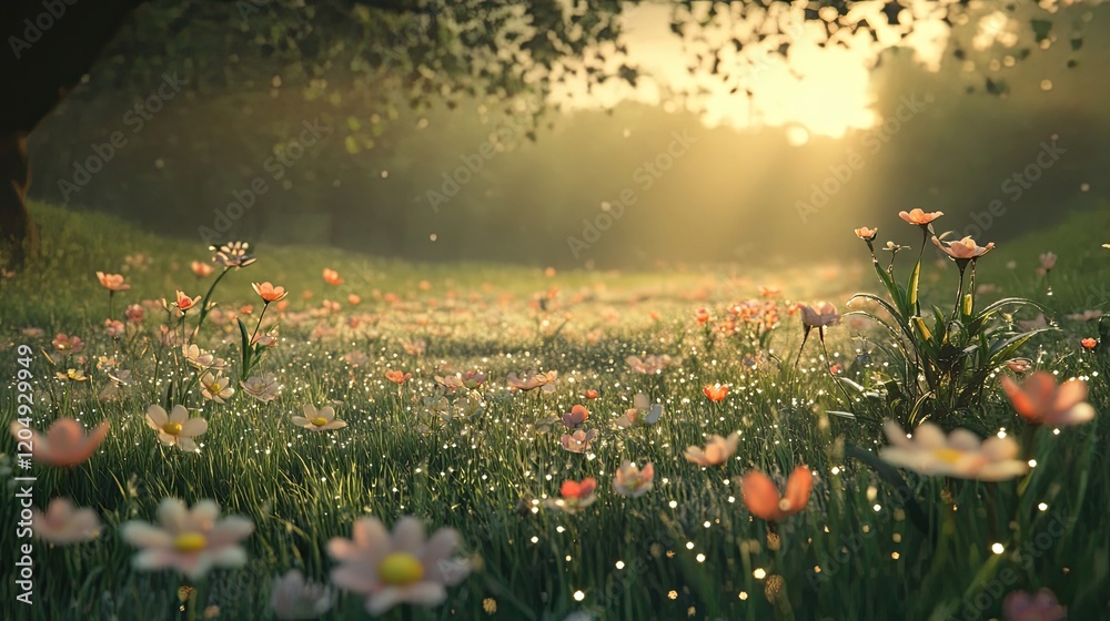 Wall mural Sunlit Meadow Of Delicate Flowers And Dew Drops