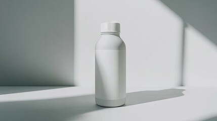 A bottle of pre-mixed protein drink with a sleek label, standing on a minimalist white table.