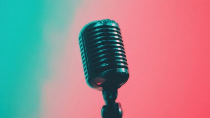 A vintage microphone is displayed against a striking red and teal background, evoking nostalgia and...