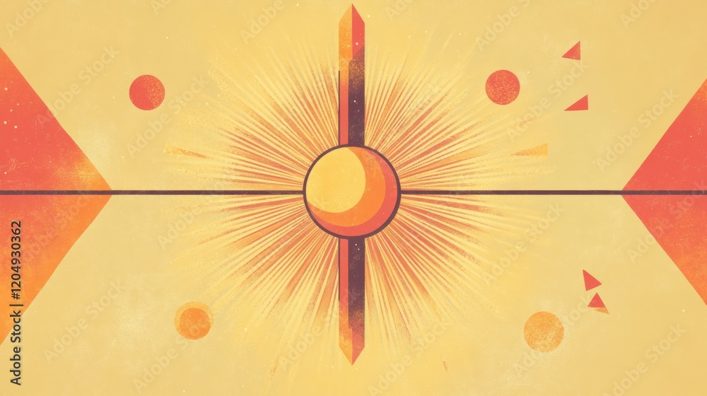 Poster vibrant geometric artwork with sun and celestial motifs set against a warm yellow background. genera