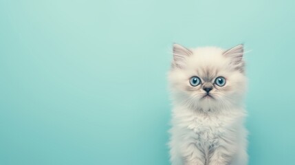 Fototapeta premium Adorable white fluffy cat with striking blue eyes sits gracefully on a soft light blue backdrop, creating a serene atmosphere