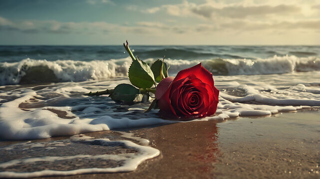 A beautiful red rose lying on the beach with petals surrounded by nature's beauty, symbolizing love and romance