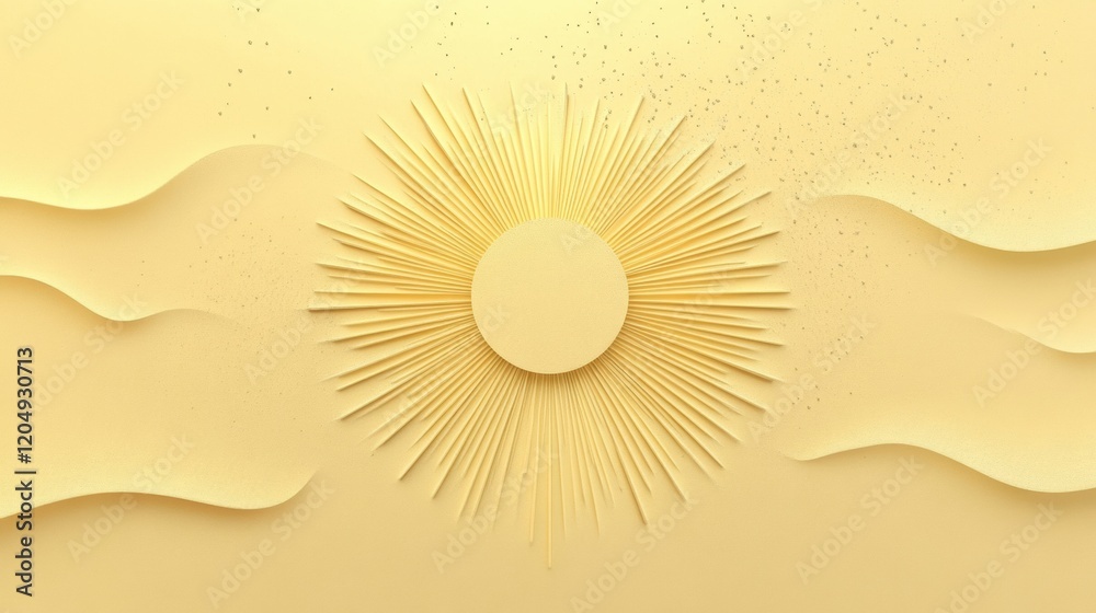 Poster decorative sun illustration with textured waves in a soft golden color palette for calming ambiance.