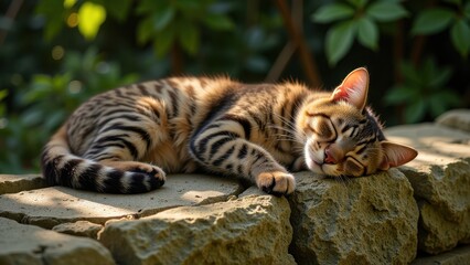 Fototapeta premium A serene Bengal kitten naps on a stone wall, one eye peeking from beneath soft fur, embodying peaceful slumber in a picturesque setting