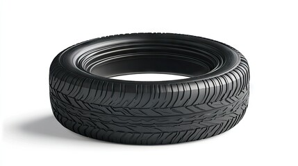 A car tire with a focus on its deep grooves and tread, isolated with a white background to enhance the details.