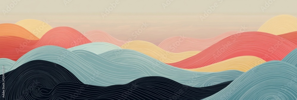 Poster Vibrant abstract landscape with flowing lines and soft colors in waves and curves. Generative AI